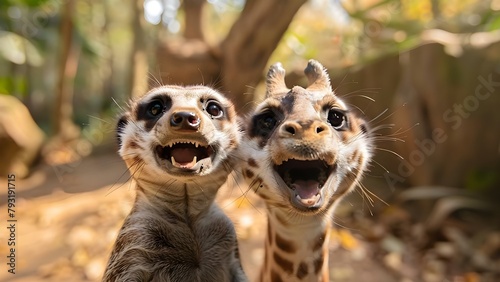 A comical meerkat and giraffe making funny faces to make you laugh. Concept Funny Animal Faces, Comical Meerkat, Silly Giraffe, Laugh Out Loud, Hilarious Expressions