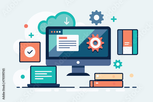 Computer screen displaying various icons for software applications, Install the software to the computer, Simple and minimalist flat Vector Illustration