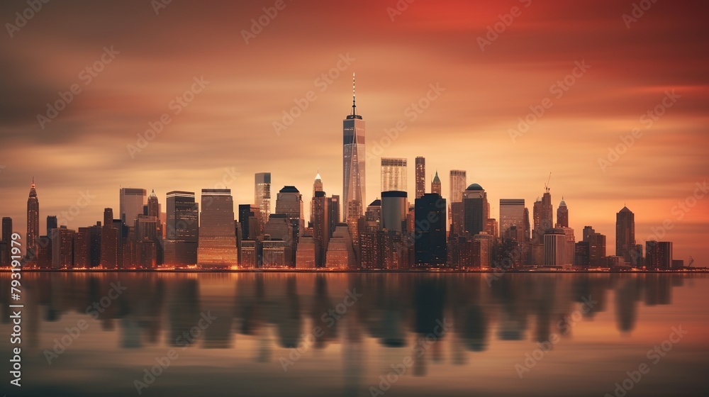 A breathtaking Manhattan skyline under a fiery sky reflected in the calm waters, highlighting the city's architecture