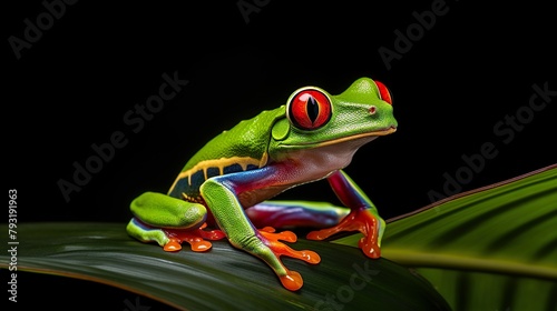 This image captures a vibrant green tree frog with striking red eyes perched on a leaf, symbolizing nature's beauty