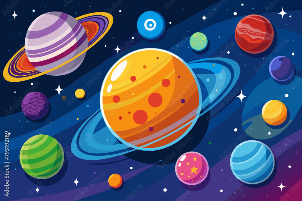 A colorful illustration of the planets of our solar system