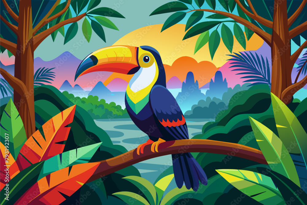 Obraz premium A colorful toucan perched on a branch in the rainforest