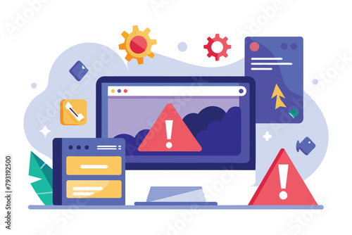 Computer Screen With Warning Sign, internet network warning error page error or internet not found on network problem, Simple and minimalist flat Vector Illustration