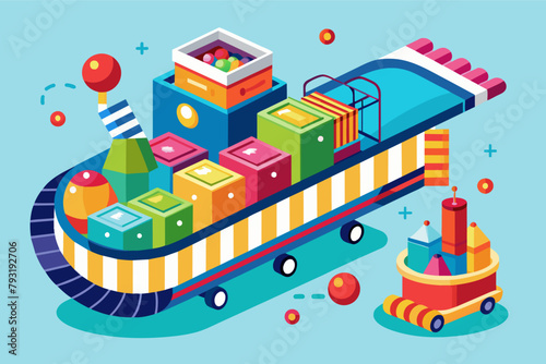 A conveyor belt filled with colorful products flowing seamlessly into a shopping cart, symbolizing efficient sales and logistics.