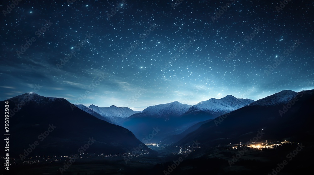 A breathtaking view of a star-filled night sky shining above a mountain village surrounded by snowy peaks