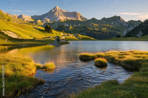 Sunny day sunset at zittauerhuette refuge  gerlossee  austria - mountain lake scenery