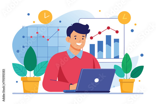 Investor Monitoring Dividend Growth on Laptop, investor with laptop monitoring dividend growth, invest capital analyze profit graphs, Simple and minimalist flat Vector Illustration