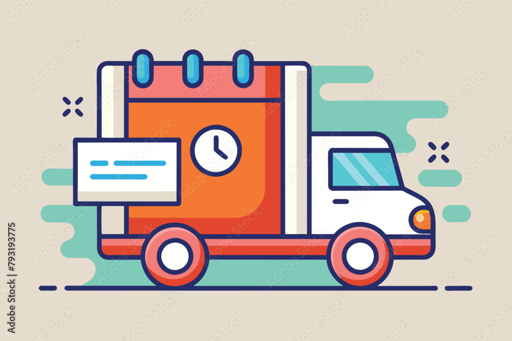 A truck equipped with a clock on its rear end, indicating the importance of timely deliveries, Item delivery date, Simple and minimalist flat Vector Illustration A truck equipped with a clock on its rear end, indicating the importance of timely deliveries, Item delivery date, Simple and minimalist flat Vector Illustration