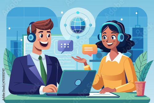 A customer service representative, wearing a friendly smile, patiently helps a customer navigate a holographic interface.