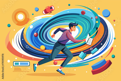 A data analyst races against the clock to untangle a massive dataset, visualized as a swirling vortex of colorful information points.