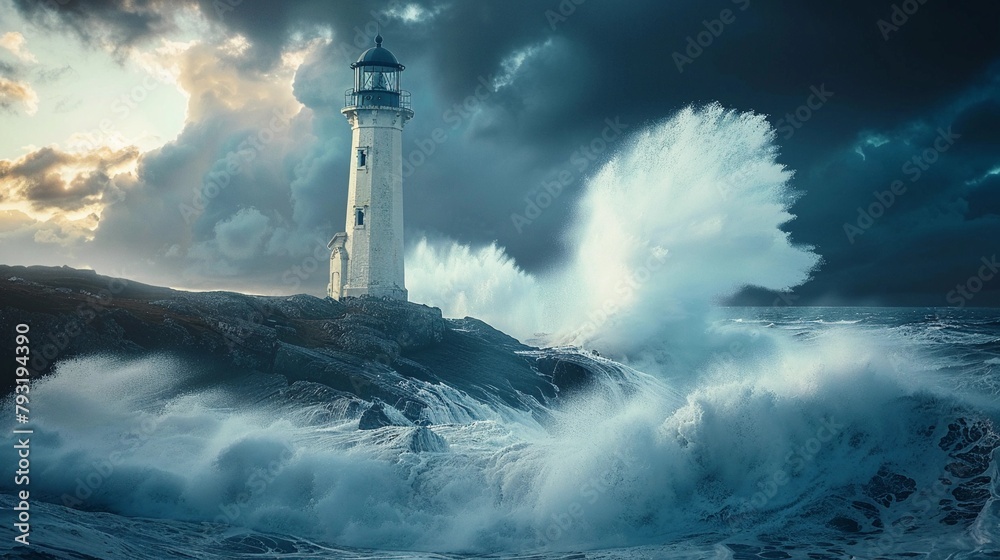 Waves crashing against the lighthouse
