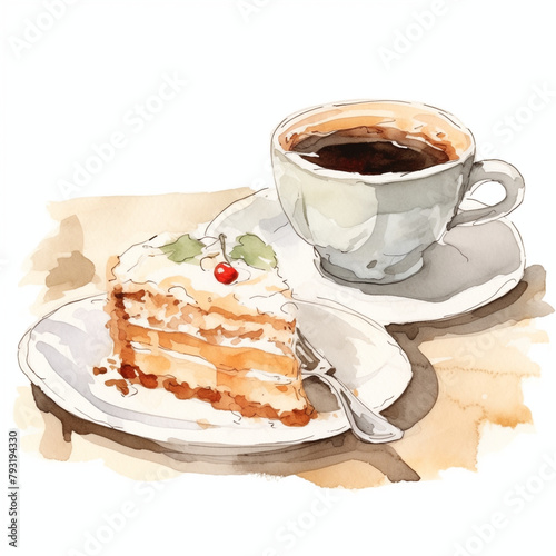 Cup of coffee and cake, food illustration watercolor sketch on white background