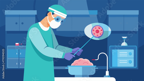 In a sterile operating room the technician conducts a thorough cleaning of the brain implant removing any debris or residue that may hinder its. photo