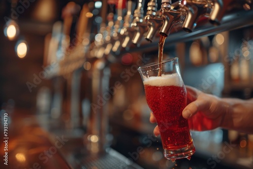 A closeup of hands pouring red beer from the tap into a glass with a blurred bar background Generative AI