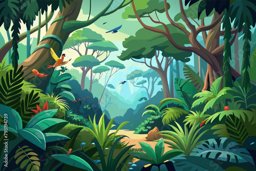A dense jungle canopy alive with the sounds of birds and insects