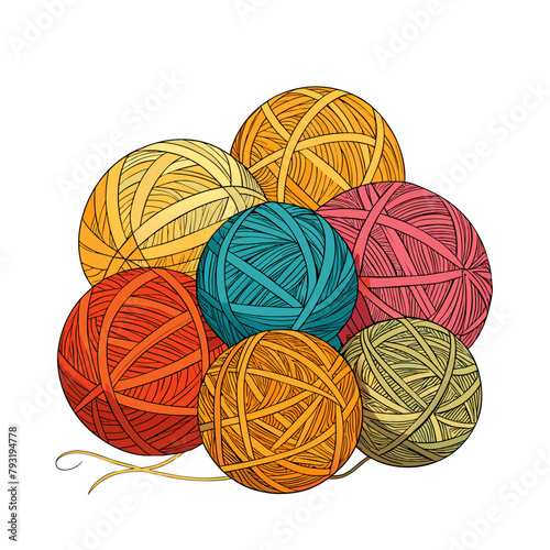 Balls of yarn with knitting needles. Clews, skeins of wool. Tools for knitwork, handicraft, crocheting, hand-knitting