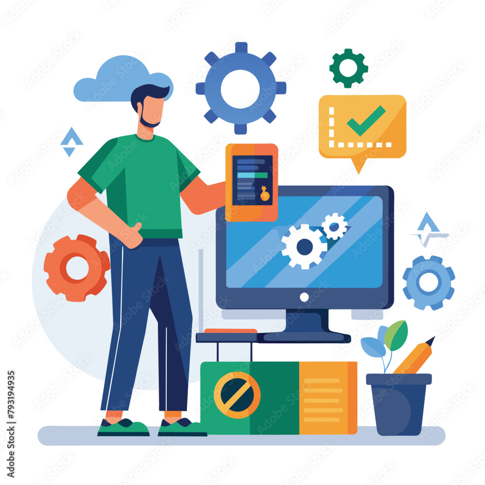 A man stands in front of a computer screen, focusing on repairing software issues, IT support is repairing the computer software installation process, Simple and minimalist flat Vector Illustration