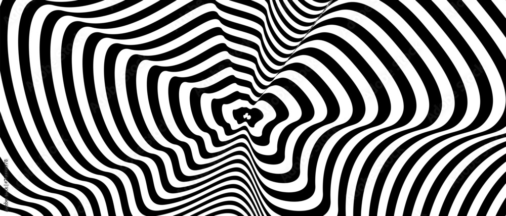 Optical Art with Twist Striped. Background Abstract Line Black and White Color. Swirl Hypnotic Pattern. Vector illustration. Optical Art with Twist Striped. Background Abstract Line Black and White Color. Swirl Hypnotic Pattern. Vector illustration.