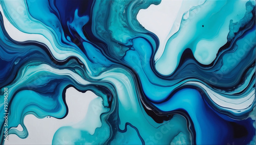 Abstract Liquid Fluid Art Painting Background with Alcohol Ink Technique in Indigo and Turquoise Cool Tone Colors.