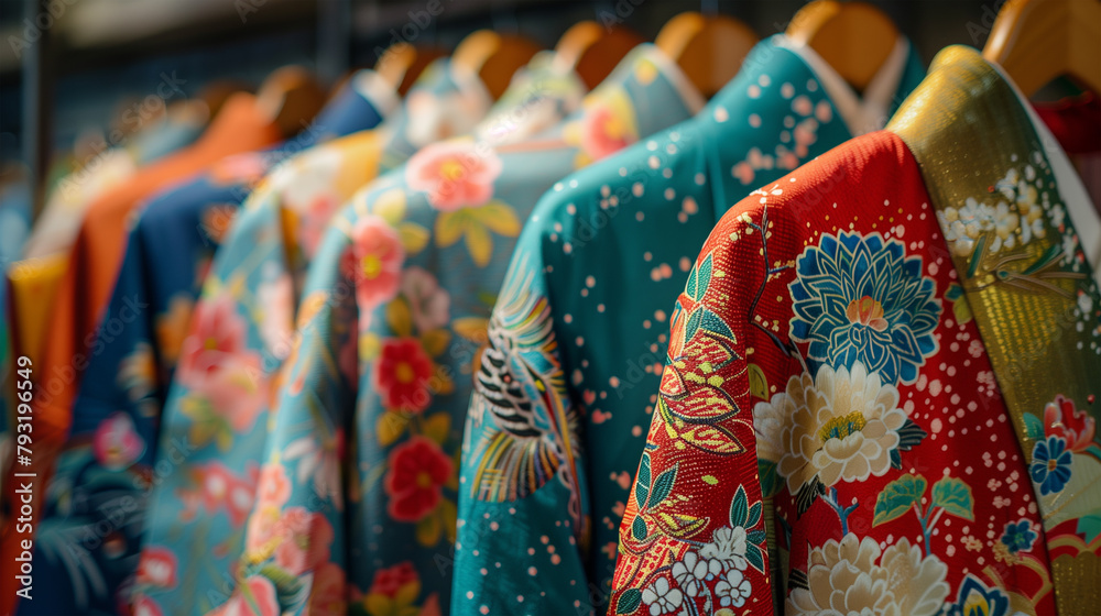 Fototapeta premium Row of Colorful Kimonos on Rack