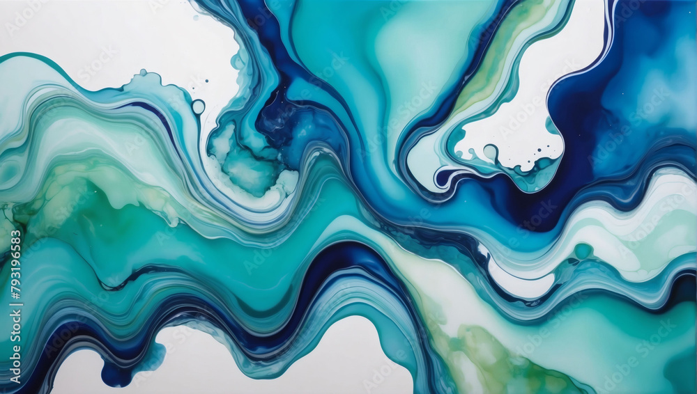 Abstract Liquid Fluid Art Painting Background with Alcohol Ink Technique in Sapphire and Mint Cool Tone Colors.