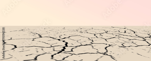 Panorama of a barren wasteland with cracked soil and barely visible sunlight amid an approaching sandstorm. Ecological problem concept. vector