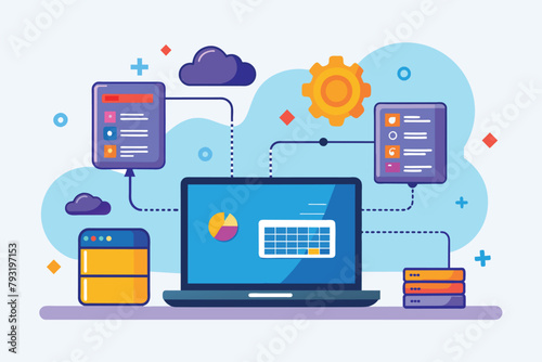 A laptop with a cloud above it, symbolizing data synchronization to cloud storage, laptop storage synchronization to big data, Simple and minimalist flat Vector Illustration