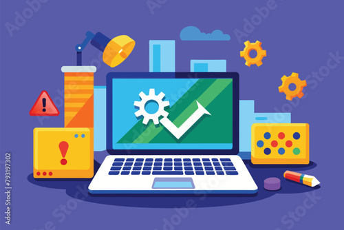 Laptop Showing Check Mark, laptop troubleshooting concept under constuction eror service, Simple and minimalist flat Vector Illustration photo