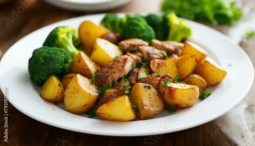 A vibrant dish featuring broccoli, potatoes, and chicken artfully arranged on a white plate, offering a visually appealing and healthy meal option.