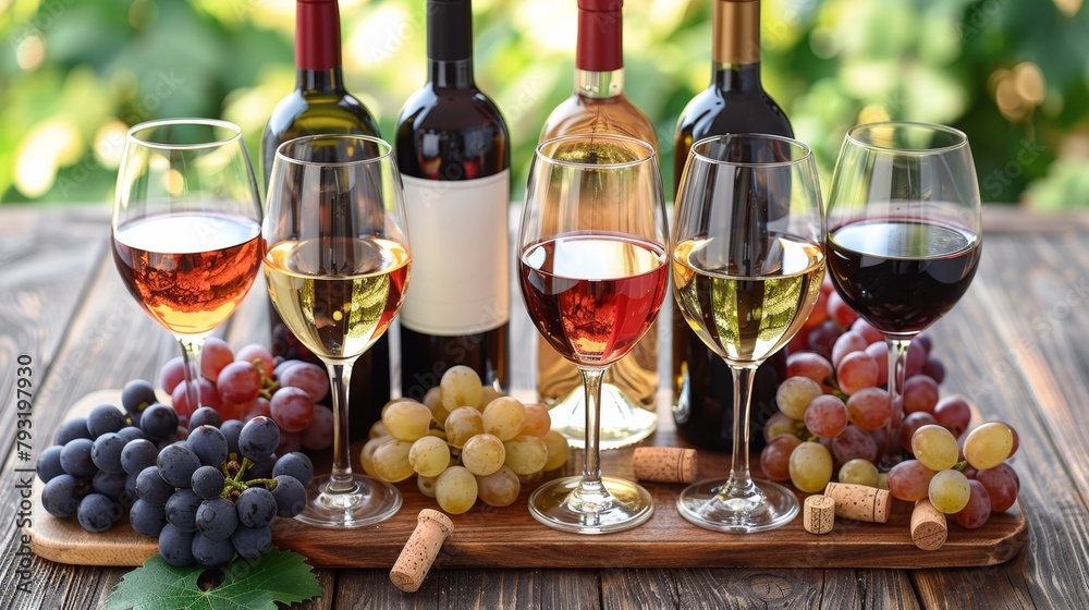 A wooden tray with several glasses of wine and grapes, AI A wooden tray with several glasses of wine and grapes, AI