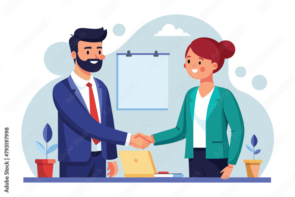 A lawyer and client shake hands in front of a whiteboard after discussing a contract, Lawyer contract handshake with client, Simple and minimalist flat Vector Illustration