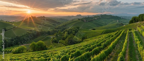 Extra wide panoramic shot of a summer vineyard shot at sunset. AI generated illustration © Gulafshan
