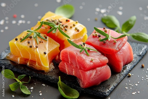 Exquisite sashimi slices of tuna and salmon garnished with fresh basil, peppercorns, and sea salt on a slate serving board
