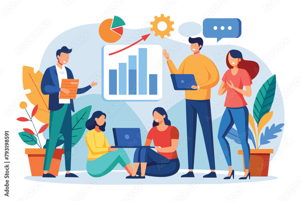 A group of people standing around a laptop, collaborating on business growth strategies, Learn business growth together, Simple and minimalist flat Vector Illustration