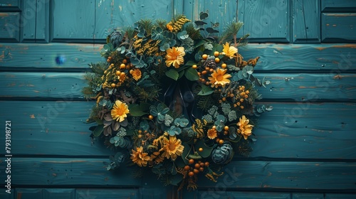   A wreath adorns the blue wooden door, featuring green leaves and golden flowers