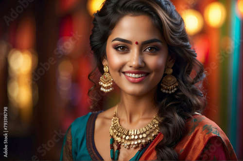 Front close up portrait of young smiling elegant Indian princess with brown wavy hair and ornaments looking at the camera, vivid red colours, blurred out of focus background