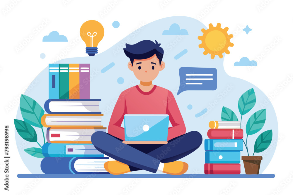 A man sitting on the floor using a laptop next to a stack of books, learning management by reading books, Simple and minimalist flat Vector Illustration A man sitting on the floor using a laptop next to a stack of books, learning management by reading books, Simple and minimalist flat Vector Illustration