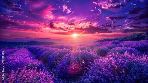 Flower Landscape. Lavender Field in Bulgaria at Sunset with Dramatic Sky