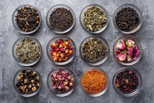 Teas. Flat Lay Composition of Different Dry Teas on Grey Table