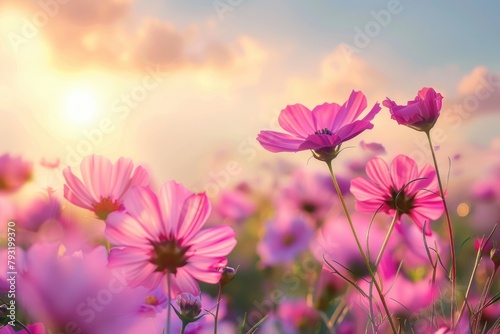 Landscape Flower. Beautiful Blossom with Soft Colors under Dawn Sky
