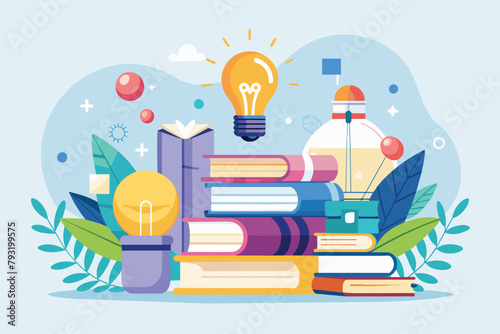 A collection of books neatly piled with a light bulb hovering above them, learn to find information through books trending, Simple and minimalist flat Vector Illustration