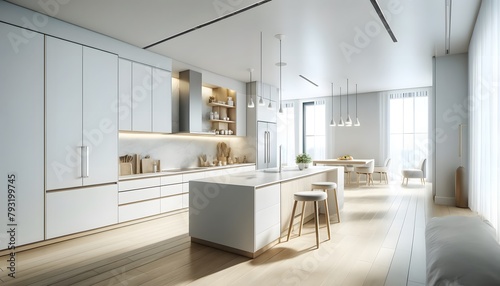 modern kitchen, designed to be exceptionally simple and bright. This layout provides a clear view of the kitchen's features, including the white cabinetry and light wood tones photo