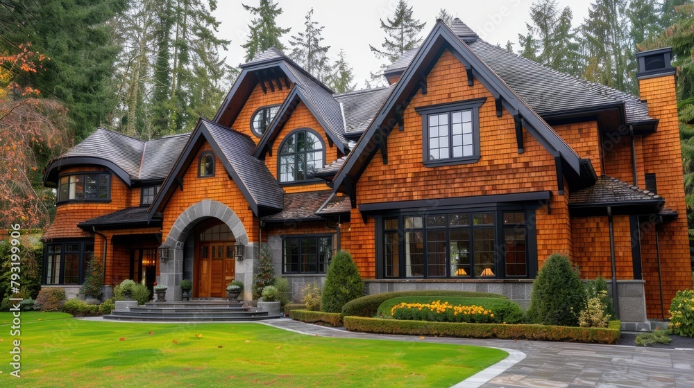 Wood Home. Traditional Luxury House Exterior with Stained Cedar Shingle Siding and Painted Trim