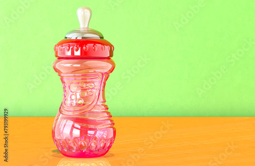 Red Sippy Cup for Babies and Toddlers on the wooden table. 3D rendering