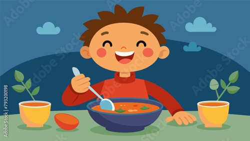 Joyful laughter fills the air as a child enthusiastically tries a sful of homemade vegetable soup their eyes lighting up with each sful.