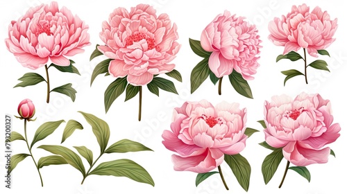 Set of detailed illustrations of pink peonies in different stages of bloom with lush green leaves