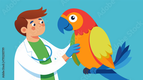An elegant parrot indulges in a feather grooming session preening his vibrant feathers and receiving a checkup from a veterinary technician..