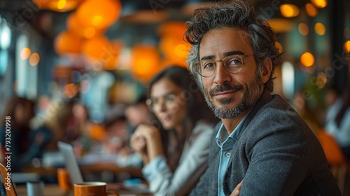 Smiling Businessman in Busy Café Workspace