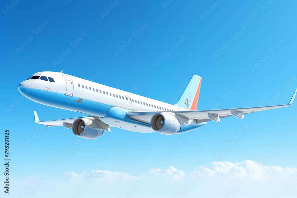 Airplane in the blue sky. Background with selective focus and copy space