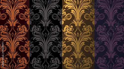 A set of damask patterns with intricate designs in various deep colors showcasing opulence and style © Gia